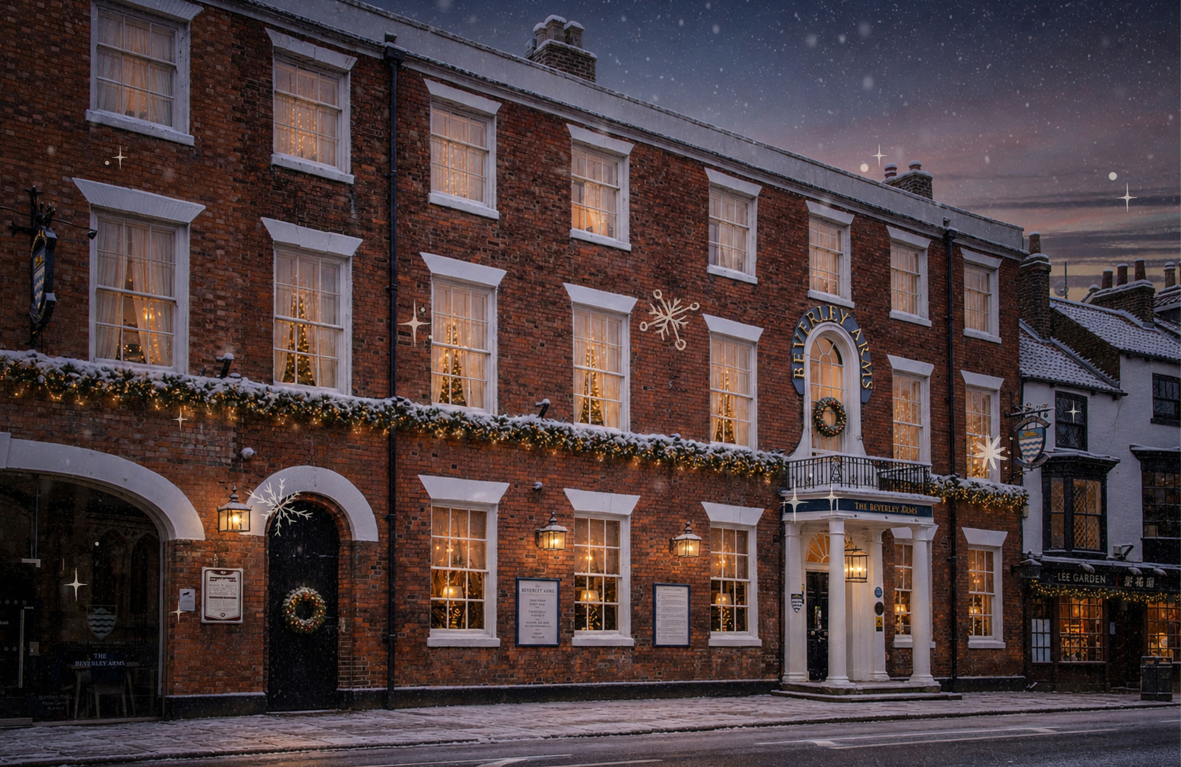 snow scene at The Beverley Arms